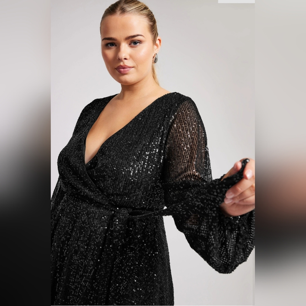 YOURS LONDON Curve Black Wrap Sequin Top, Size 22-24
